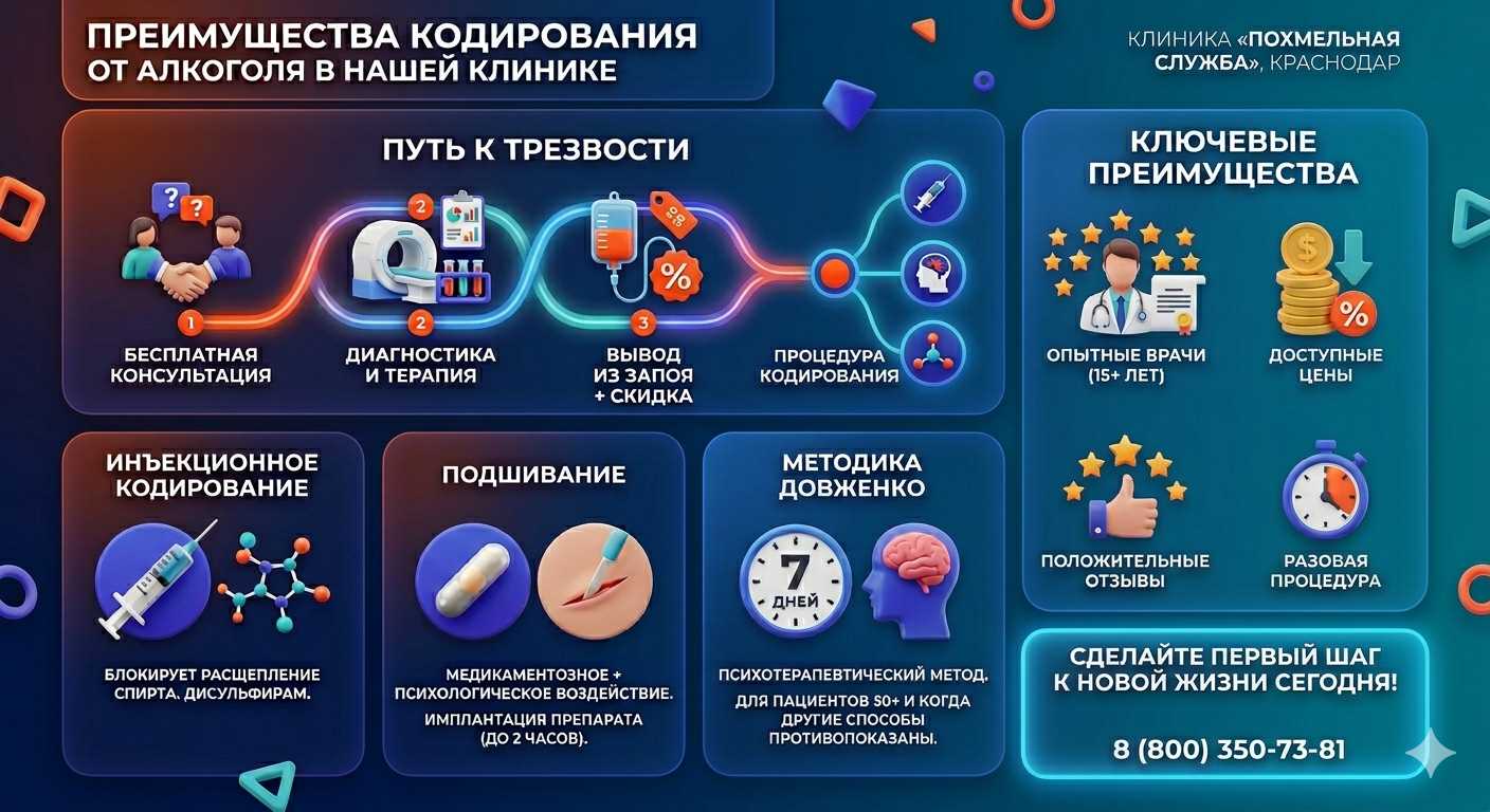 Инфографика о методах кодирования от алкоголя в Молодёжном: инъекции, подшивание, метод Довженко. Преимущества клиники и этапы лечения.