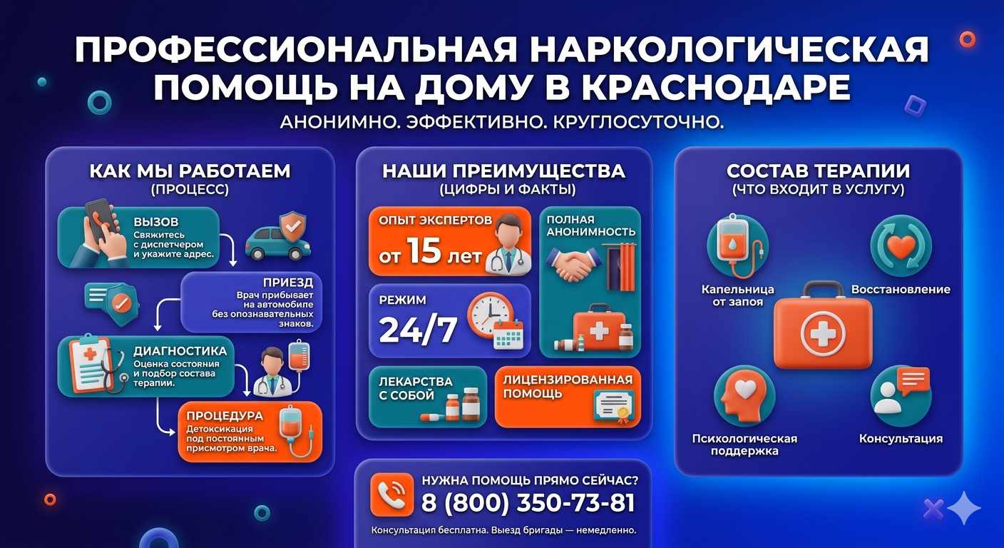 Инфографика о принципах лечения алкоголизма на дому в Молодёжном: этапы вызова нарколога, преимущества анонимной детоксикации и состав медицинской помощи.